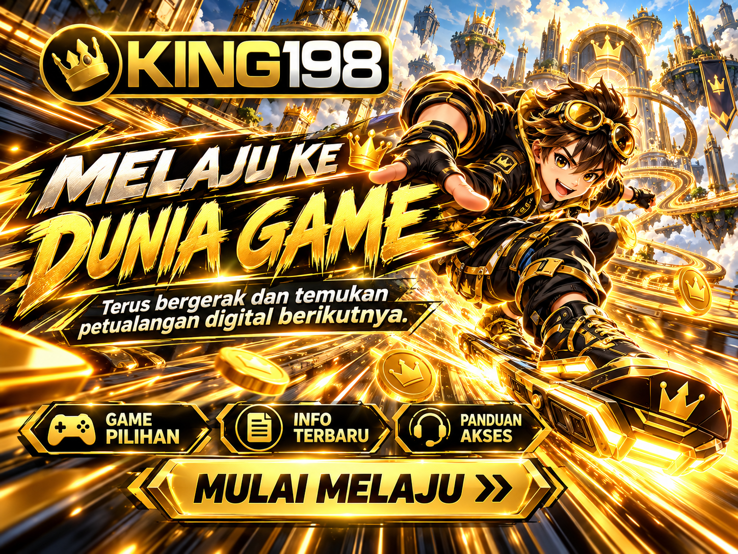 Banner KING198 sinematik dengan singgasana kerajaan emas dan sorotan cahaya dramatis.